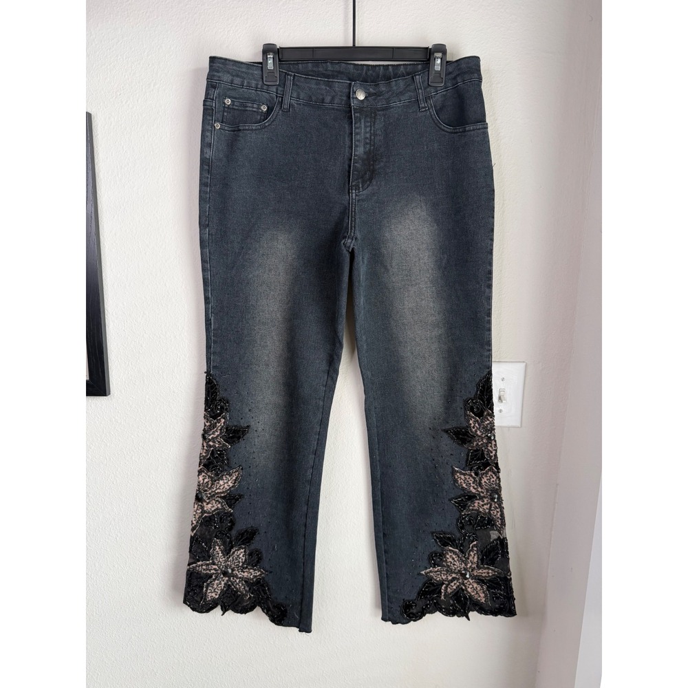 Vintage AZI New York Jeans Beaded Floral Applique Hem Y2K Black Denim‎ Size 12